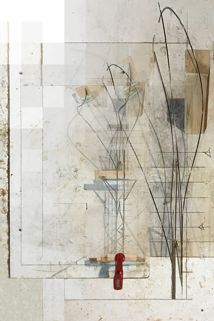 Photomontage de la série Faits divers de l'artiste François Mathieu. Les calques proviennent de diverses étapes de son travail en sculpture.