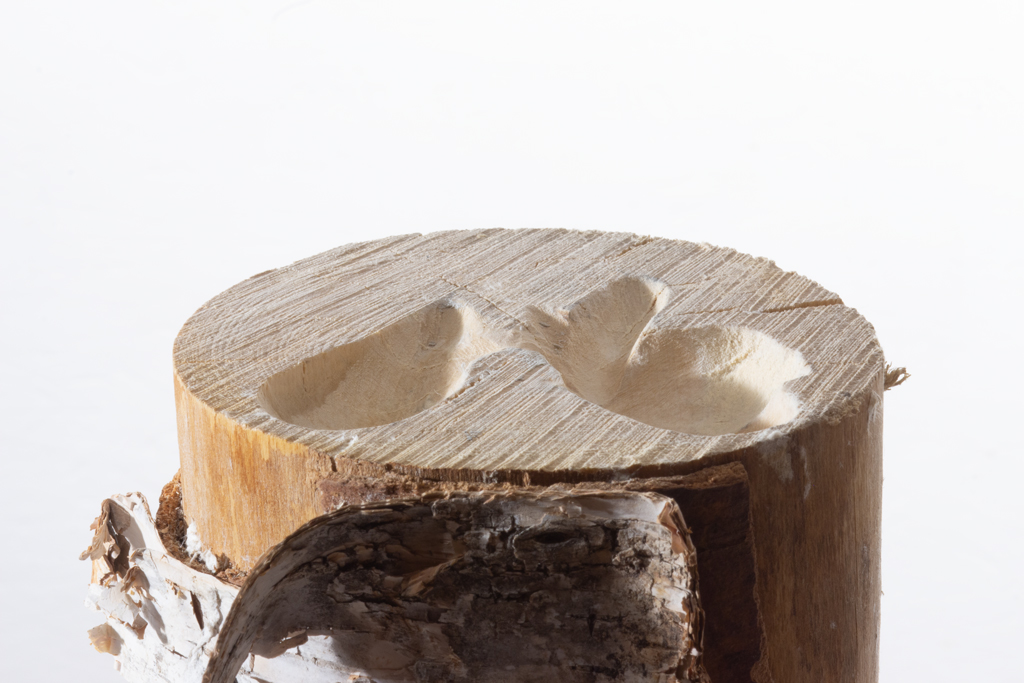 Sculpture - petites excavations sculptées au bout d'une bûche de bouleau.
