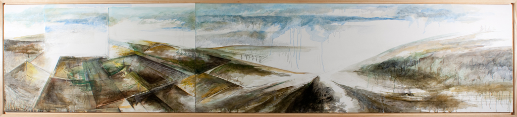 Peinture à l'huile presque abstraite, inspirée du découpage des terres agricoles.