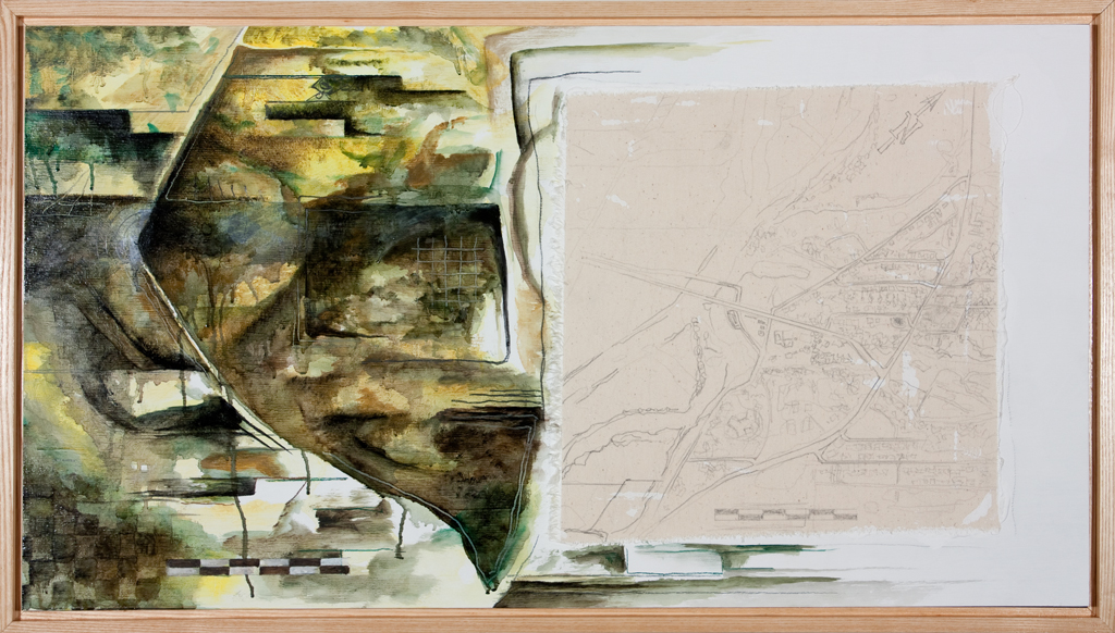 Peinture presque abstraite présentant une section dessinée sur une toile marouflée.